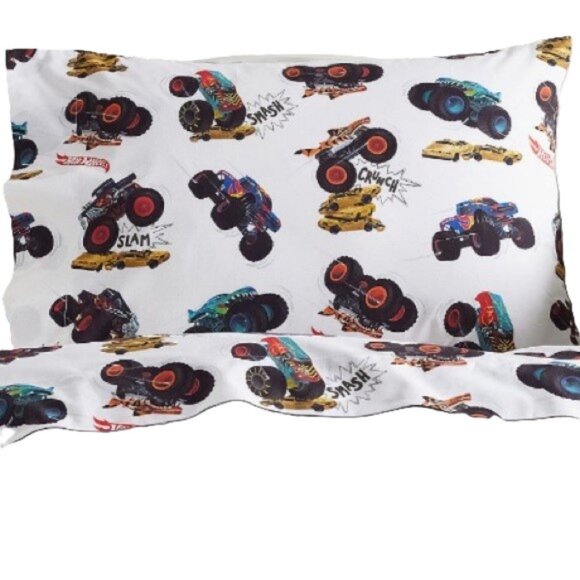 POTTERY BARN Hot Wheels Monster Trucks Organic Toddler Pillowcase 22.5 x 15.5 in - Picture 1 of 14
